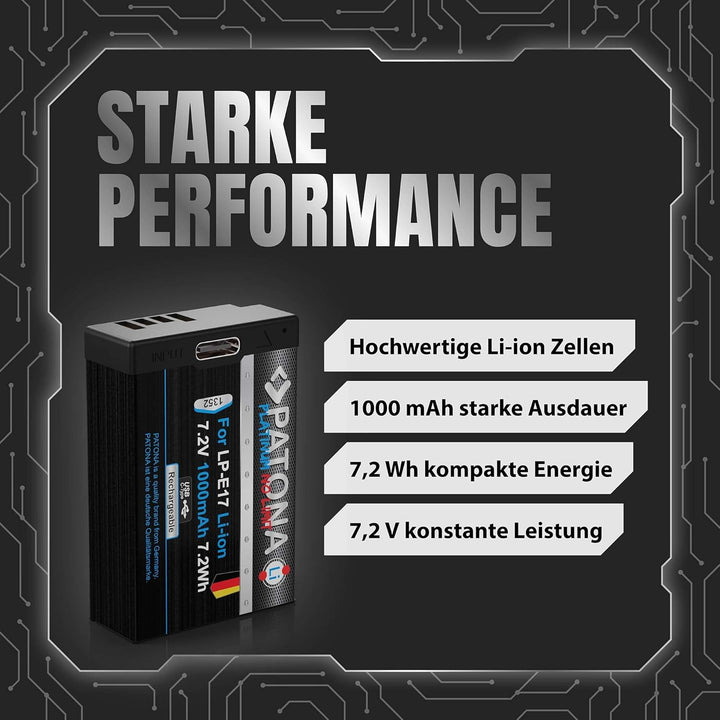 PATONA 2X Platinum Akku Ersatz für Canon LP-E17 LPE17 mit USB-C, 1000mAh | Ersatzakku für EOS RP R10