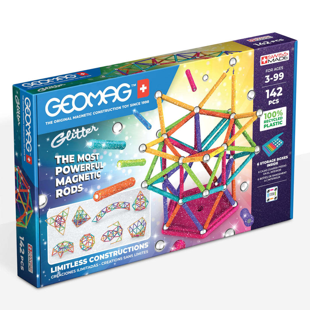GEOMAG - GLITTER 142 Stück - 100% recyceltes Kunststoff - Magnetisches Bausteinset für Kinder ab 3-4