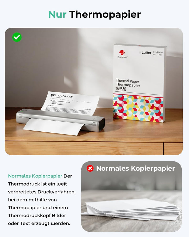 Phomemo M08F Tragbarer Thermodrucker Wireless Bluetooth Mobile Drucker A4 für Unterwegs Unterstützt
