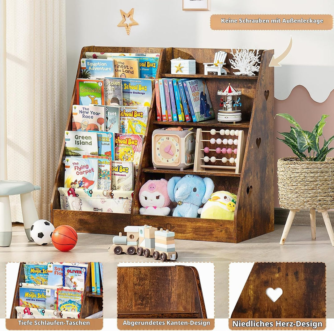 Kinder Bücherregal mit 5 Bücherdisplays und 4 Ablagefächer, Gross Braun Kinderregal Büchergestell fü