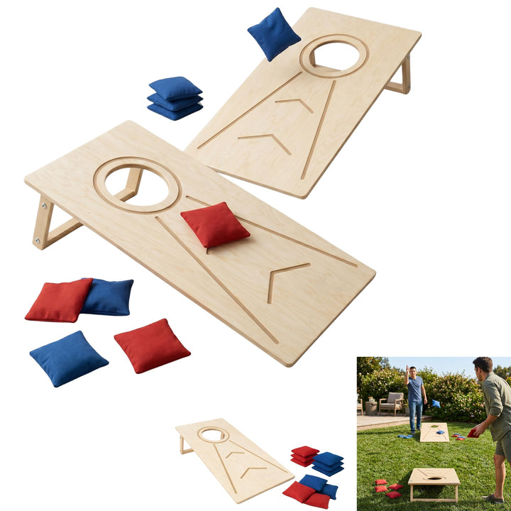 Cornhole Wurfset für Outdoor &amp; Indoor – Bean Bag Toss Set mit 1 Holzbrett und 10 Wurfsäckchen, kompa