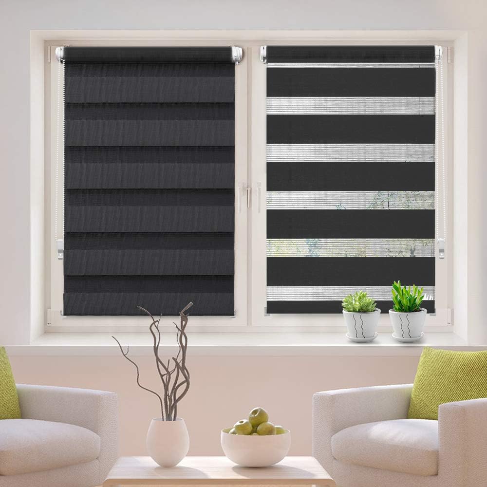 OBdeco Doppelrollo Duo Rollo Klemmfix ohne Bohren B95cm x H150cm(Stoffbreite 91 cm) Schwarz für Fens