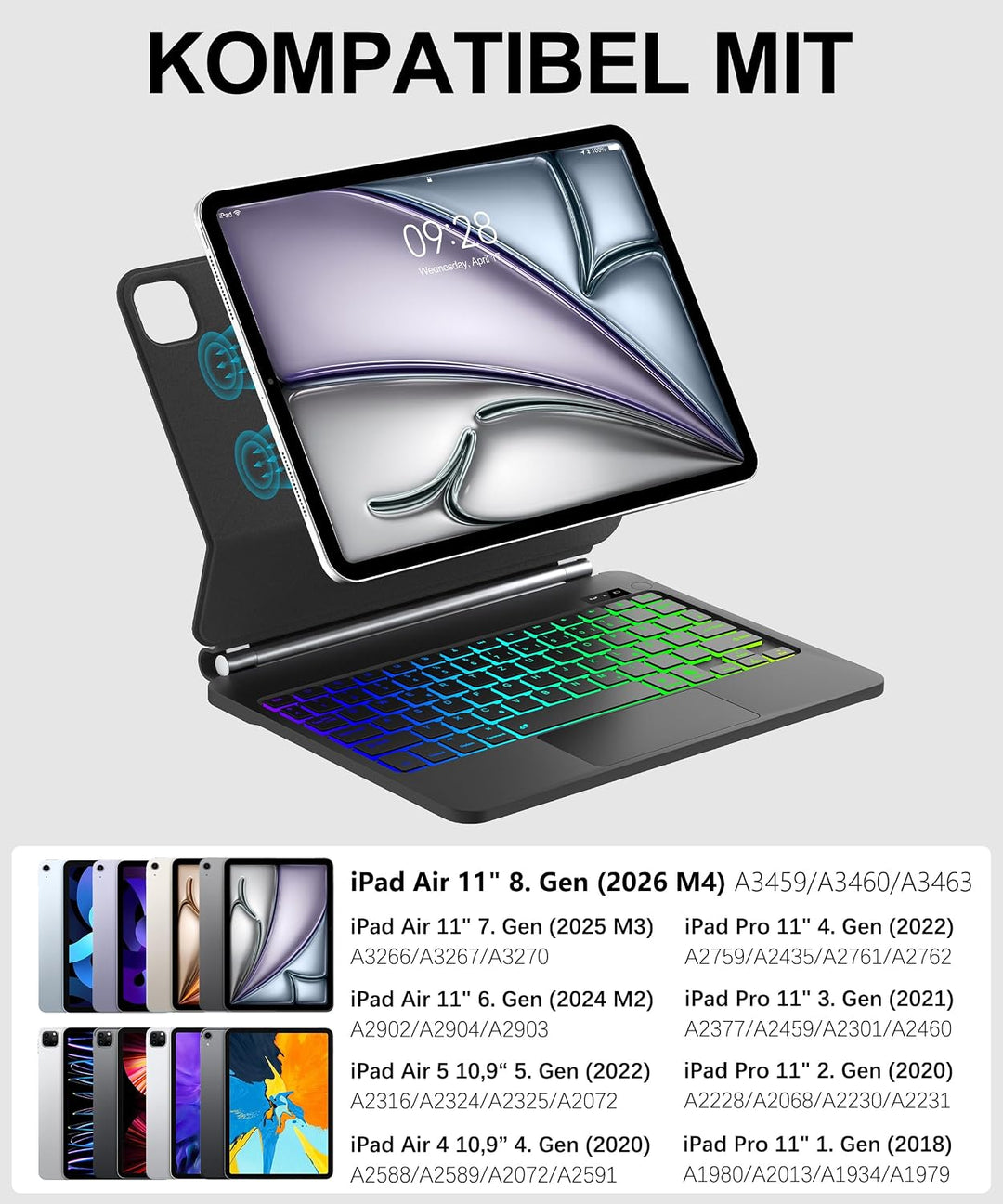 JADEMALL Magic Keyboard für iPad Air 11“ (M3 2025/M2 2024) – Mit 7-Farben RGB Beleuchtung, Präzision