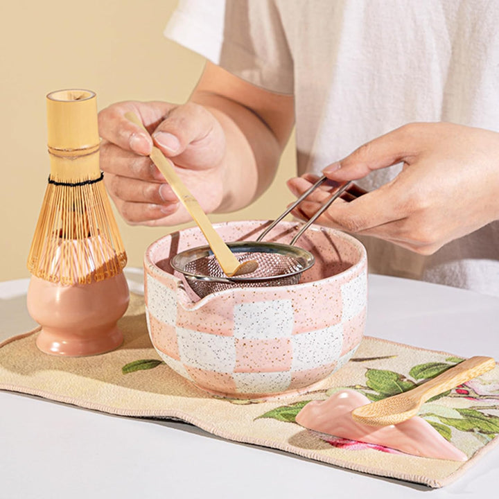 Matcha Set 5-teilig–Matcha Besen Set mit Matcha Schale, Matcha Tea Set Matcha Löffel(Rosa), Rosa