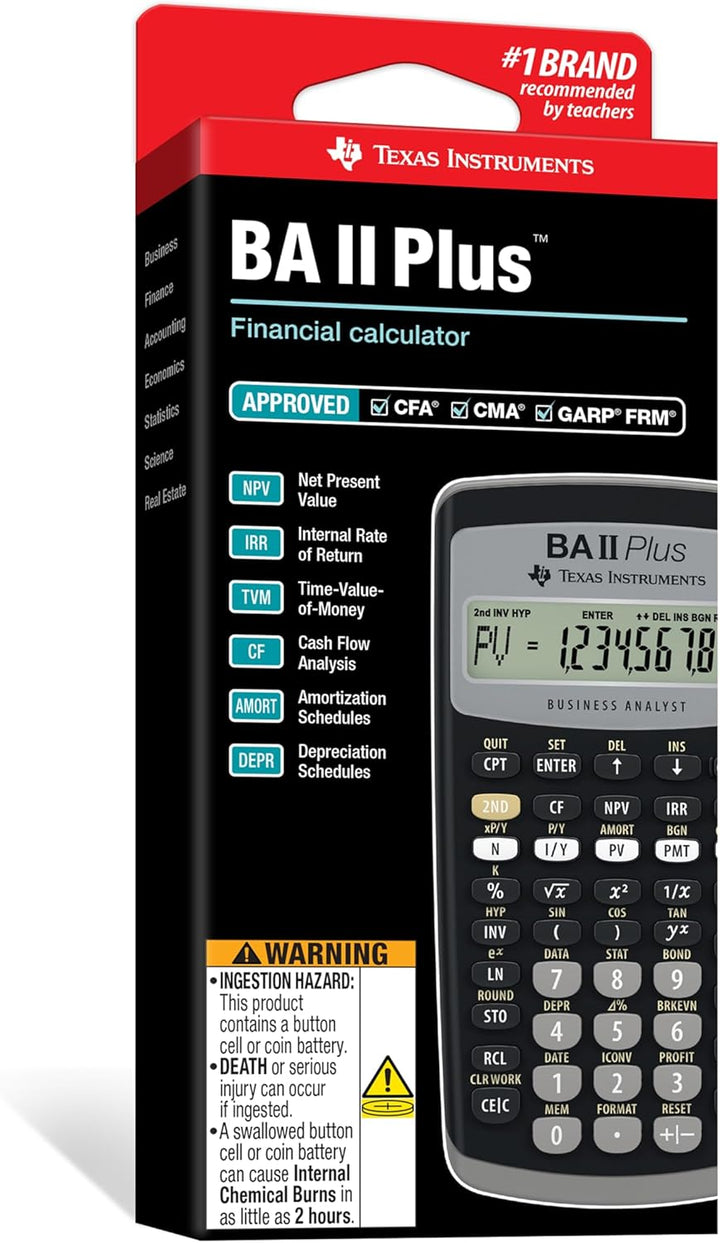 Texas Instruments BA II Plus Taschenrechner (Hosentasche, finanziell, Schwarz, Knöpfe, Akku)