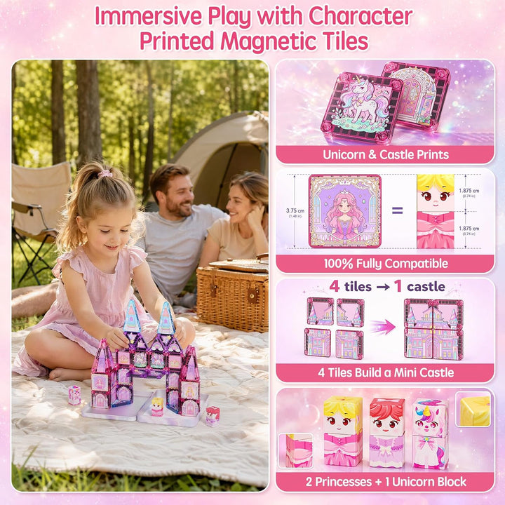 Magnetische Bausteine Reisespielzeug für Mädchen: 42pcs Prinzessin & Einhorn Tiles in Tragbarer Meta