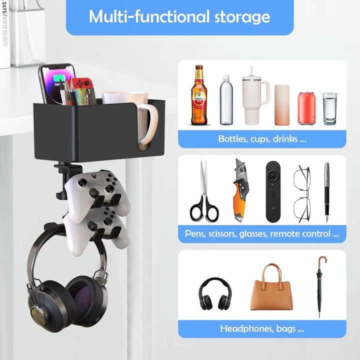 5 in 1 Getränkehalter Tisch, Kopfhörer Halter unter Schreibtisch, Headset Halterung, 360° Drehbarer