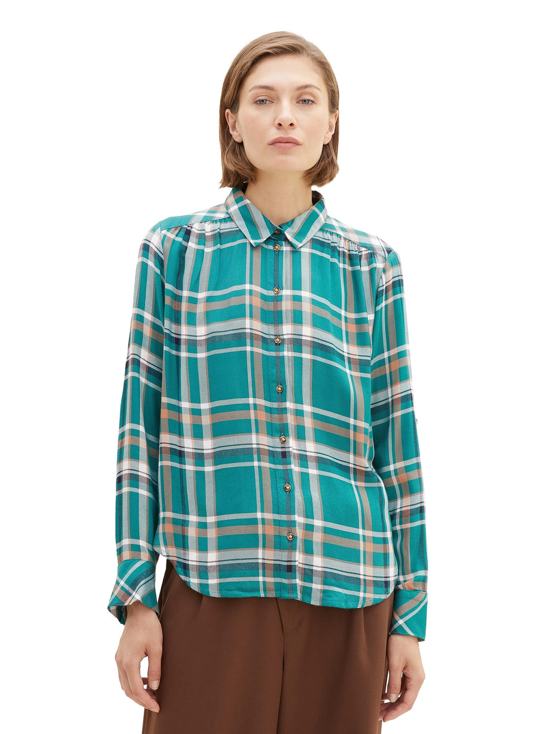 TOM TAILOR Damen Bluse mit Karomuster & Turn-Up Ärmel, 33993 - Teal Beige Check
