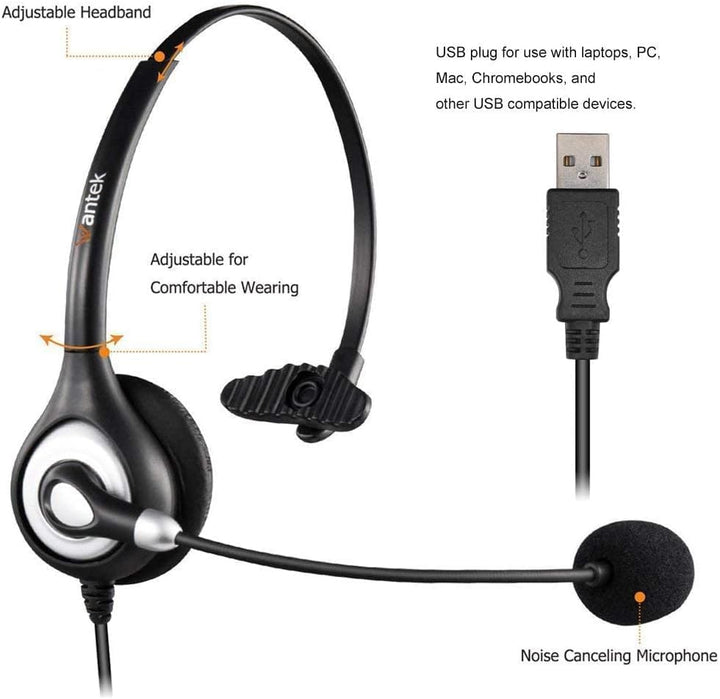 Wantek USB Headset Mono mit Noise Cancelling Mikrofon und Call Volume Control Call Center Headsets m