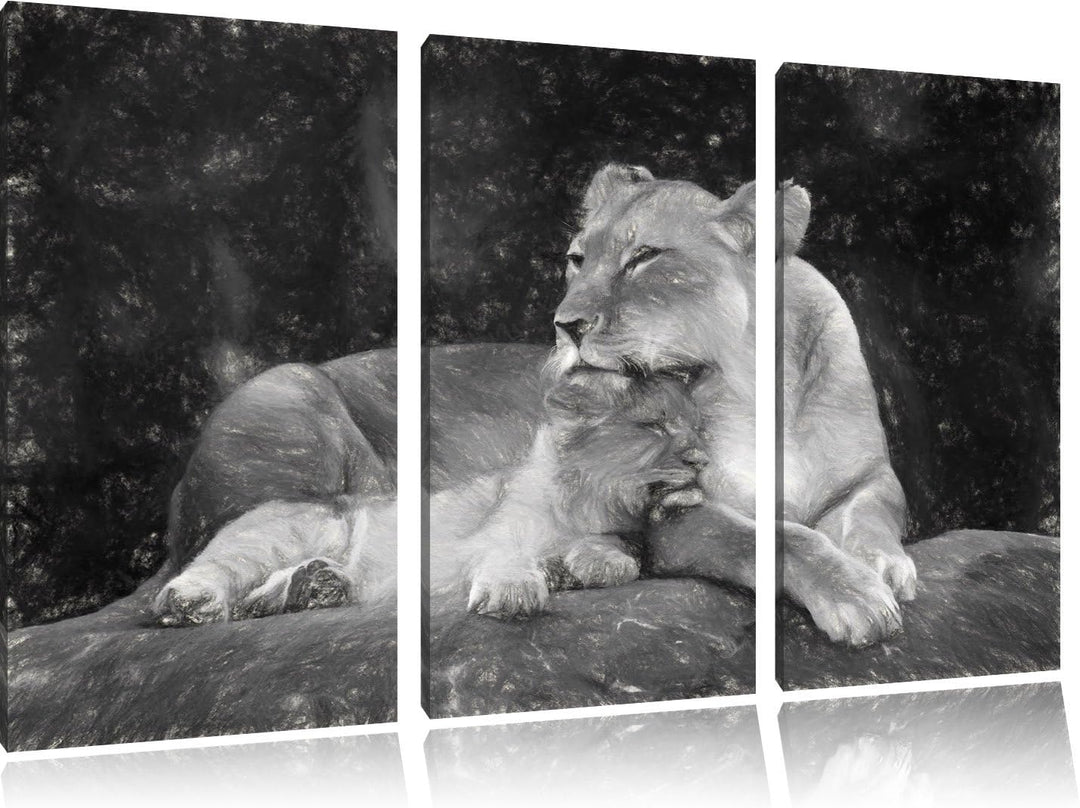 Pixxprint Löwe kuschelt mit seinem Löwenjungen Kunst Kohle Effekt 3-Teiler Leinwandbild 120x80 Bild