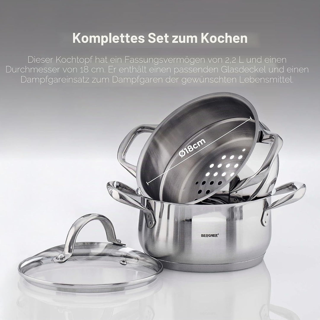 BERGNER Gourmet | Kochtopf mit Siebeinsatz | Topf mit Deckel, Siebeinsatz und 2,2L Fassungsvermögen