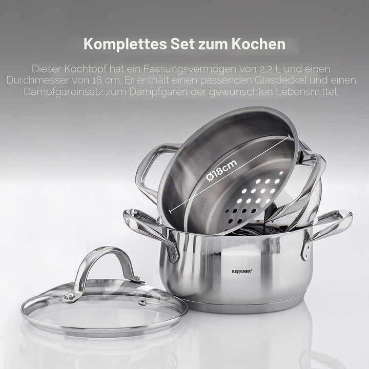 BERGNER Gourmet | Kochtopf mit Siebeinsatz | Topf mit Deckel, Siebeinsatz und 2,2L Fassungsvermögen