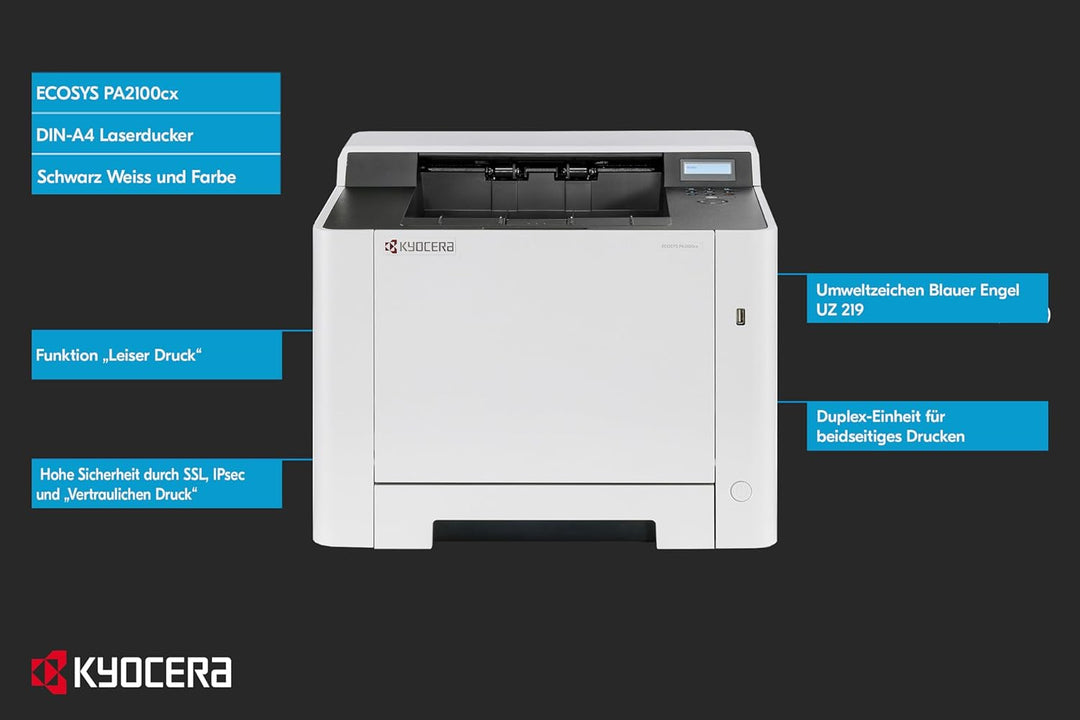Kyocera Klimaschutz-System Ecosys PA2100cx Laserdrucker. Farblaserdrucker für 21 Seiten pro Minute.
