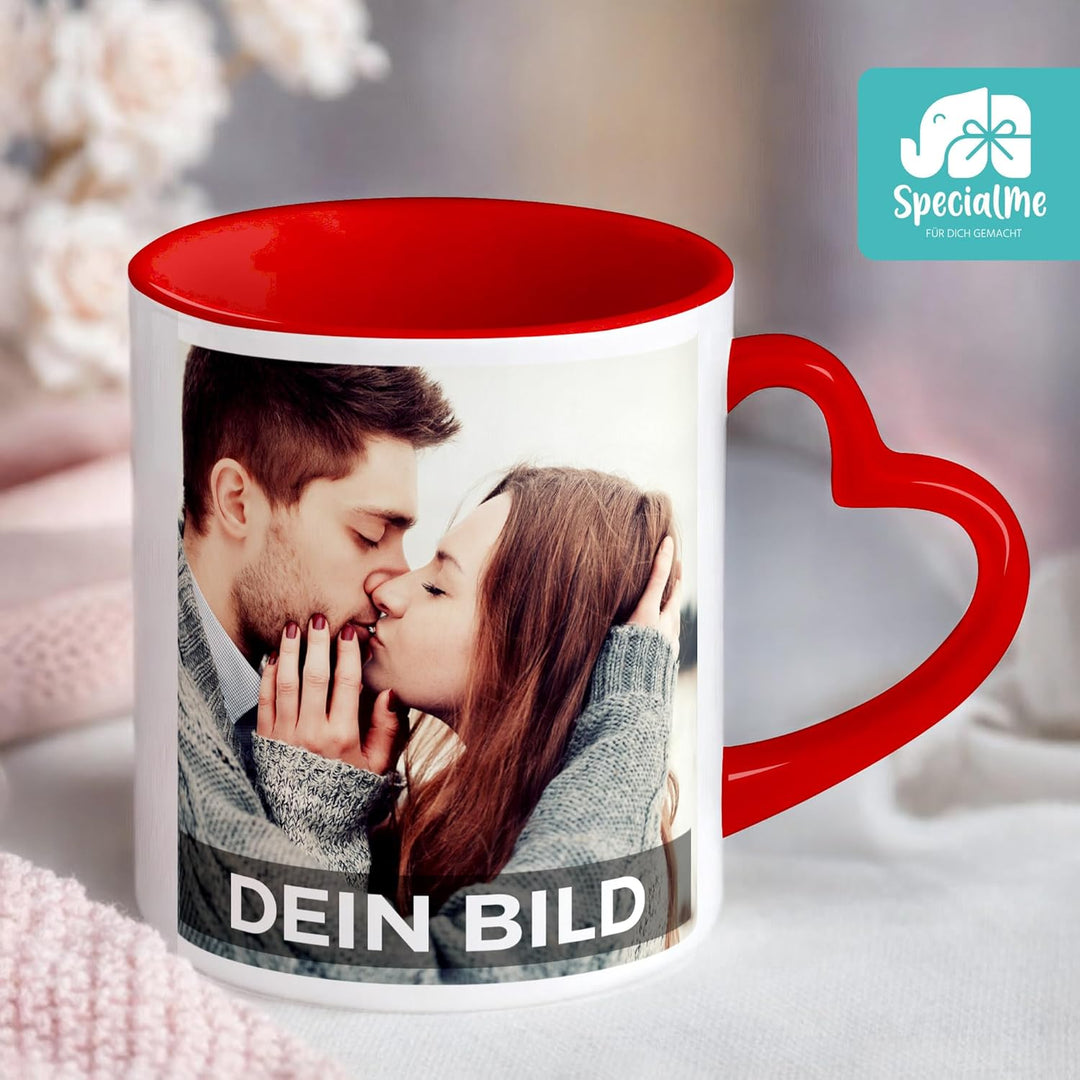 Fototasse mit Herzhenkel personalisiert mit eigenem Bild und Text Fotogeschenk Liebe Valentinstag We