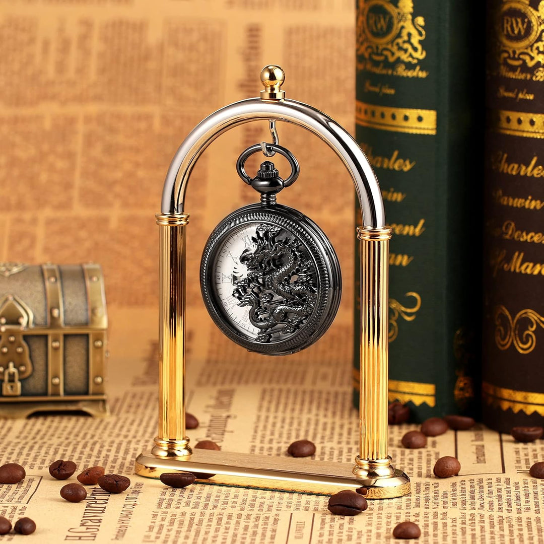TREEWETO Unisex Taschenuhr mit Kette Analog Handaufzug Mechanisch Antik Drache Skelett Für Herren Da