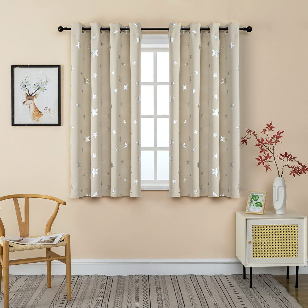 GIRASOLE HOME® Paar weiche Verdunkelungsvorhänge, Motiv: silberfarbene Sterne, weicher Vorhang für I