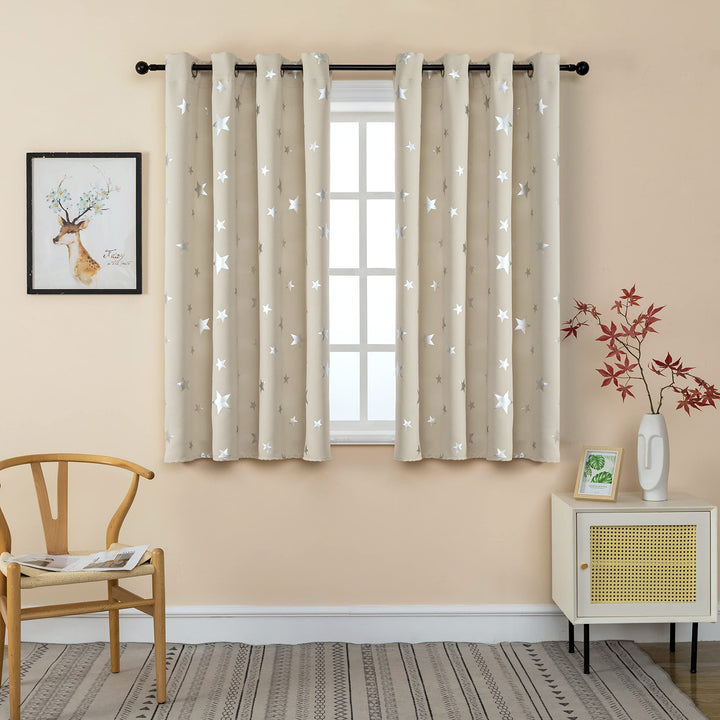 GIRASOLE HOME® Paar weiche Verdunkelungsvorhänge, Motiv: silberfarbene Sterne, weicher Vorhang für I