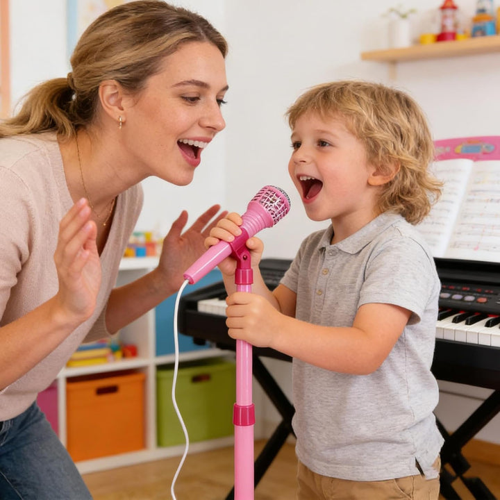 Kindermikrofon mit verstellbarem Ständer, rosa Karaoke-Maschine mit LED-Lichtern, Musikmikrofon zum