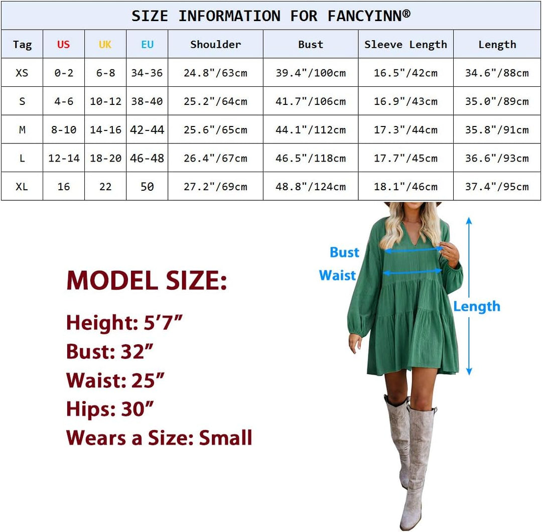 FANCYINN Damen Cute Shift Kleid mit Taschen Glockenärmel Rüschen Saum V Ausschnitt Lose Swing Tunika
