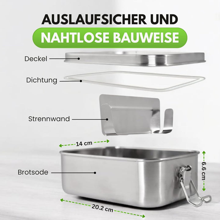 Brotdose Edelstahl mit Fächern 1400 ml - Lunchbox mit Bewegliche Trennwand und Besteck, Auslaufsiche