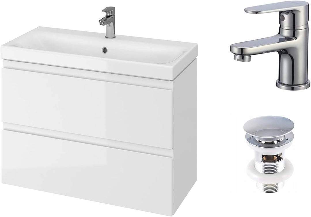 VBChome Badmöbel 80 cm Weiss mit Armatur und Pop-up ventil Waschbecken mit Unterschrank Waschtisch 2