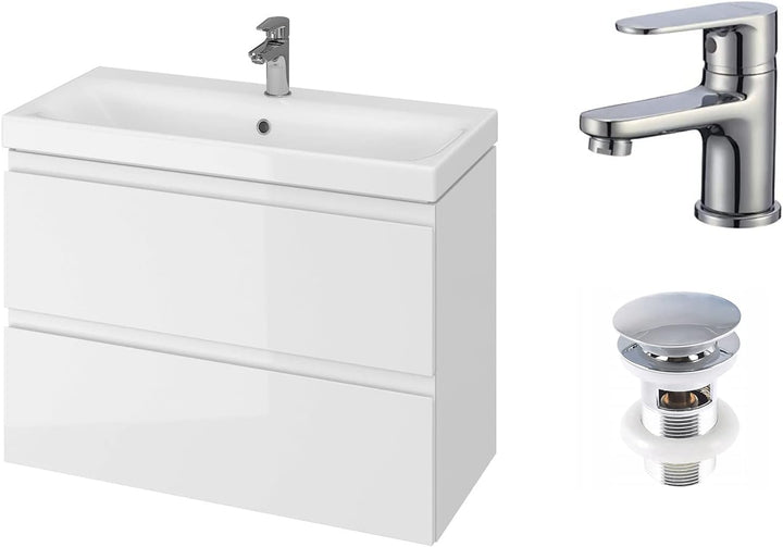 VBChome Badmöbel 80 cm Weiss mit Armatur und Pop-up ventil Waschbecken mit Unterschrank Waschtisch 2