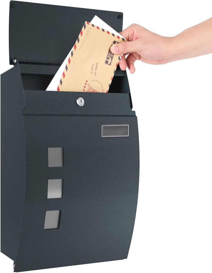 SONGMICS Briefkasten Wandbriefkasten mit Sichtfenster, Platz für Namen, 2 Schlüssel, Grau Anthrazit