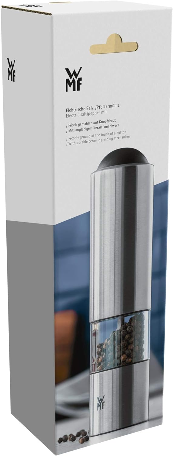 WMF Elektrische Mühle 21 cm, Salz und Pfeffermühle unbefüllt, LED-Leuchte, Cromargan Edelstahl matt,
