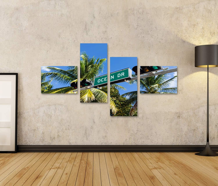 islandburner Bild auf Leinwand Ocean Drive Miami Bilder Wandbilder Poster Leinwand 150x80cm - 4 Teil