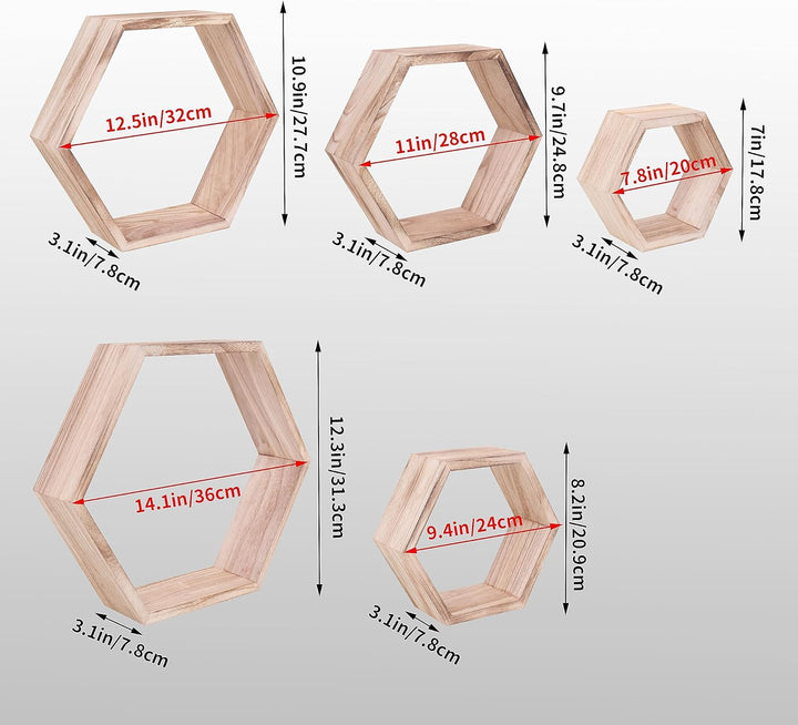 WONFUlity Hexagon schwebende Regale, 5er-Set, Wandmontage, Holz, Bauernhaus-Aufbewahrung, Waben-Wand