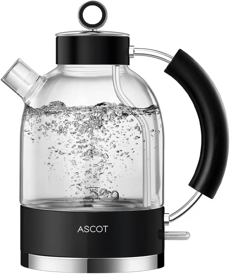 ASCOT Wasserkocher Glas, Elektrischer Wasserkocher Geschenke für Männer/Frauen 1,5L, Retro Leiser Sc