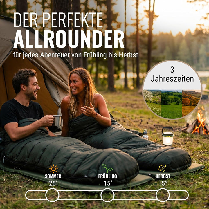 WANDERFALKE® Premium Schlafsack Erwachsene (Alpinist/Wanderer), 3-4 Jahreszeiten (480GSM) &amp; Sommersc