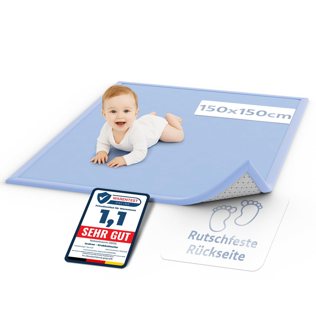 Seidenweiche Krabbelmatte Baby 150x150x3cm blau Extra Dicke(3cm) Spielmatte Kinder mit Premium Memor