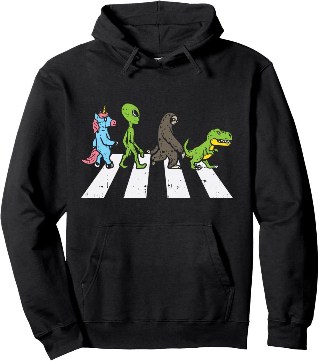 Unicorn Alien Sloth Trex Crossing Road Funny Crosswalk Gift Pullover Hoodie