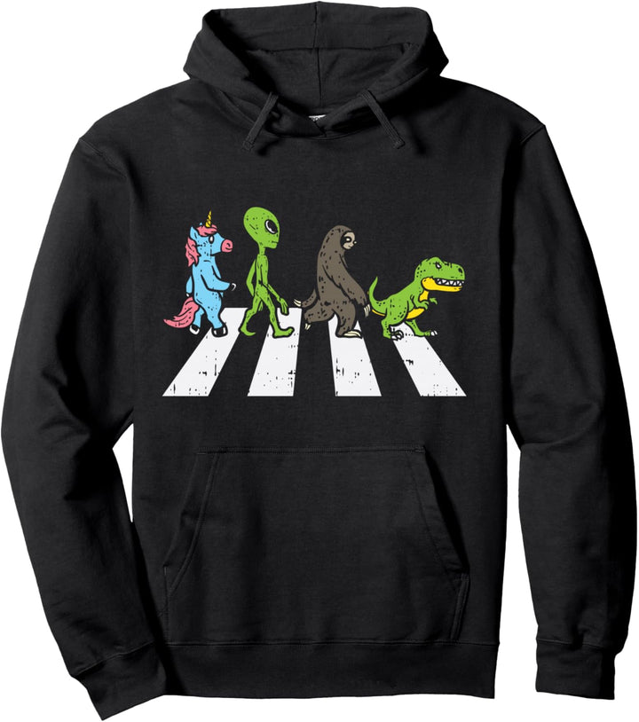 Unicorn Alien Sloth Trex Crossing Road Funny Crosswalk Gift Pullover Hoodie