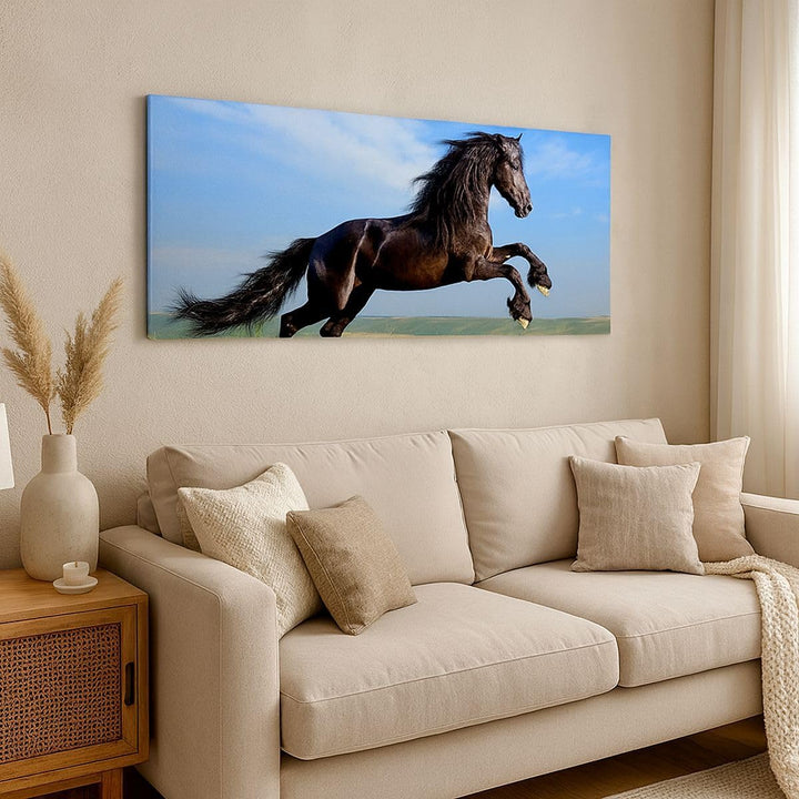 Wandbilder Dekoration Wohnzimmer Schwarzes Pferd Pferd Galopp Panorama Bilder auf Leinwand 120x50cm