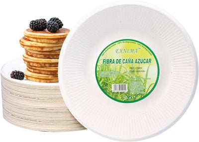 EXNIMA, Packung mit 50 oder 100 biologisch abbaubaren Einwegtellern, aus Zuckerrohrfasern, natürlich