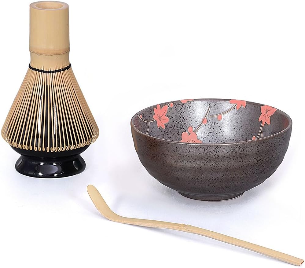 Matcha Starter Set 4-teilig, anthrazit/rot gesprenkelt, bestehend aus Matcha-Schale, Matcha-Löffel,