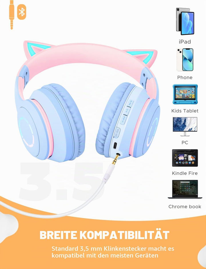 JYPS Kabellose Kinder Kopfhörer mit LED-Licht und Katzenohren für Mädchen, Bluetooth Kopfhörer Kinde