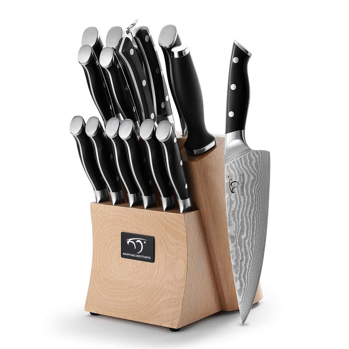NANFANG BROTHERS Damastmesser Set mit Buchenholzmesserblock, Messerblock mit Messer Scharfem Profi K