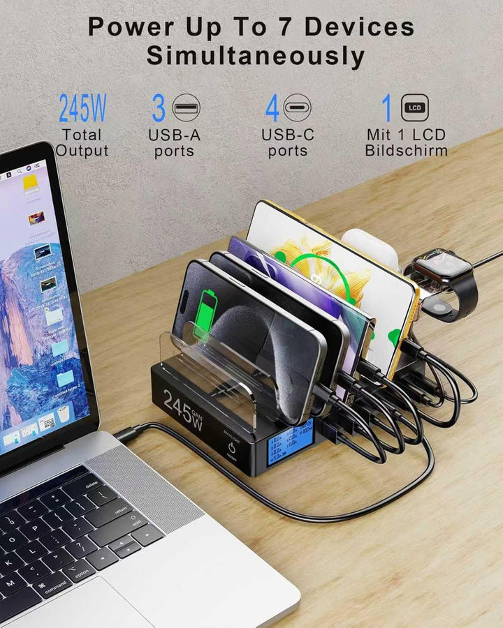 245W Ladestation für Mehrere Geräte, 7-Port USB Ladestation Handy Ladestation mit LCD-Anzeige mit 7