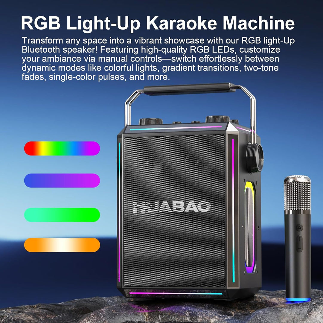 Tragbarer Bluetooth-Karaoke-Lautsprecher mit 2 kabellosen Mikrofonen, RGB-Beleuchtung, Höhen- und Ba