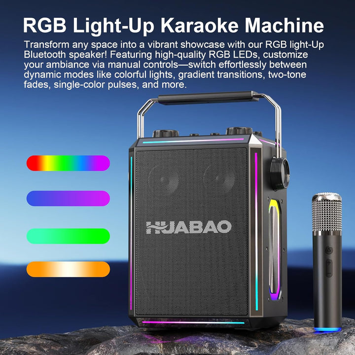 Tragbarer Bluetooth-Karaoke-Lautsprecher mit 2 kabellosen Mikrofonen, RGB-Beleuchtung, Höhen- und Ba