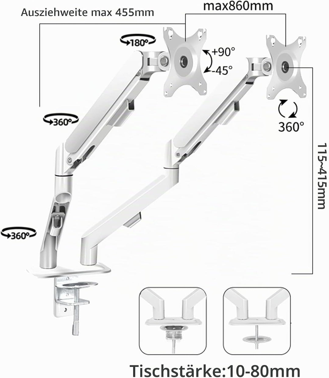 HILLPORT Weiss Monitor Arm Halterung 2 Monitore für 17 bis 30 Zoll Bildschirme, Bildschirmhalterung