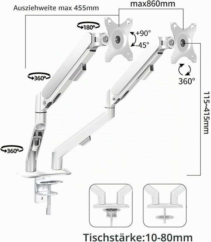 HILLPORT Weiss Monitor Arm Halterung 2 Monitore für 17 bis 30 Zoll Bildschirme, Bildschirmhalterung