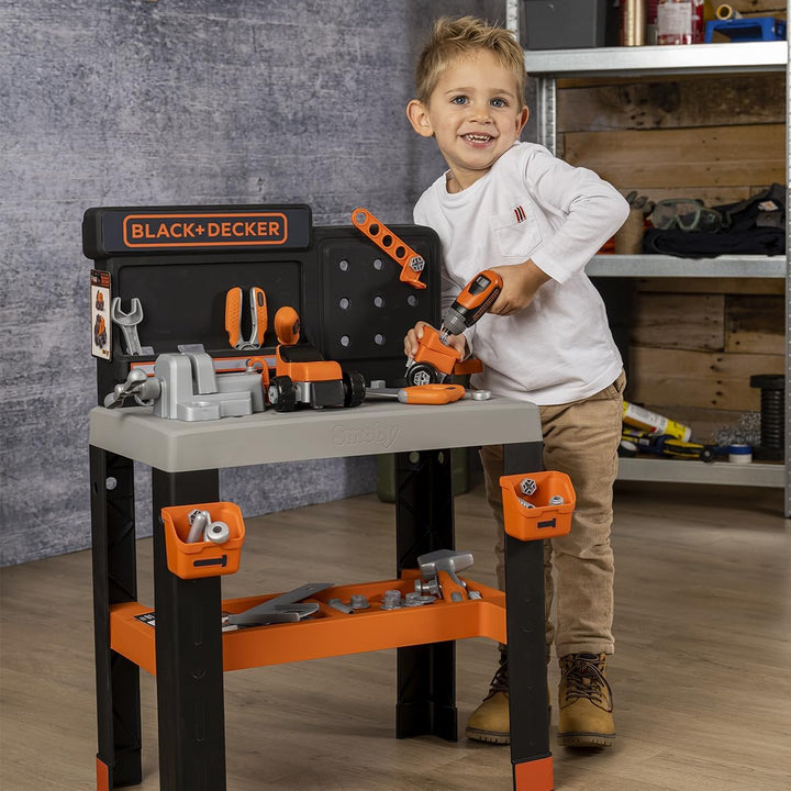 Smoby – Black+Decker Pro Werkbank für Kinder - 79 Zubehörteile wie Säge, Schraubendreher, Schraubzwi