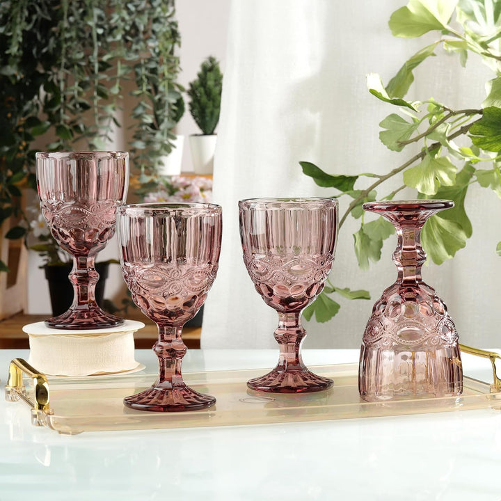 Joeyan Lila Vintage Weingläser mit Geprägtem Design,Farbiger Relief Rotweingläser Weissweingläser,Tr