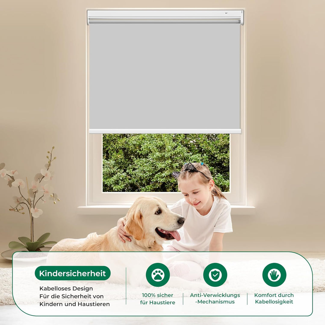 Allesin Wiederaufladbare Verdunklungsrollo ohne Bohren, (50x100cm,Grau) Elektrische Rollo Innen, Lei