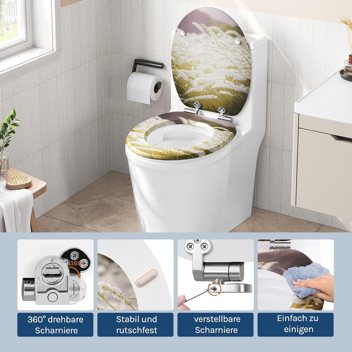 WOLTU Toilettendeckel mit Absenkautomatik Holz, Toilettensitz Klodeckel Klobrille WC Sitz O-Form mit
