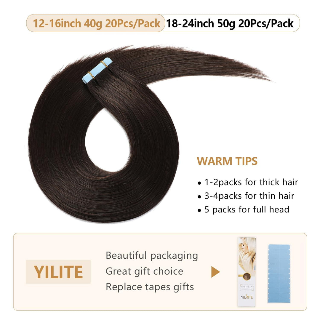 YILITE Invisible Tape Extensions Echthaar,Natürliches Schwarz 30cm 20 Stück 40g Gerade Remy Echte Me